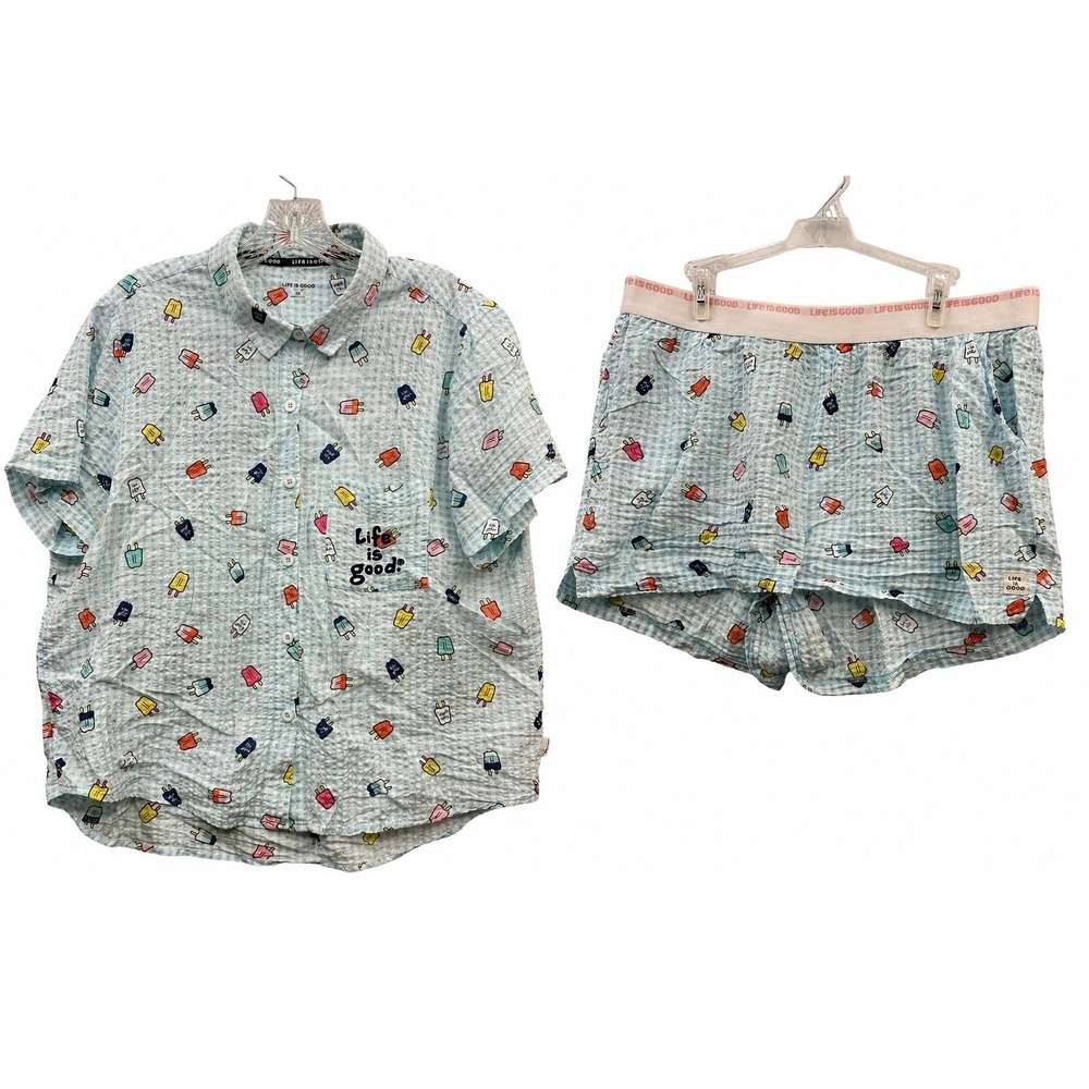 Life Is Good Popsicle Print‎ Pajama Set Seersucker Button Shirt Boxer Shorts XL